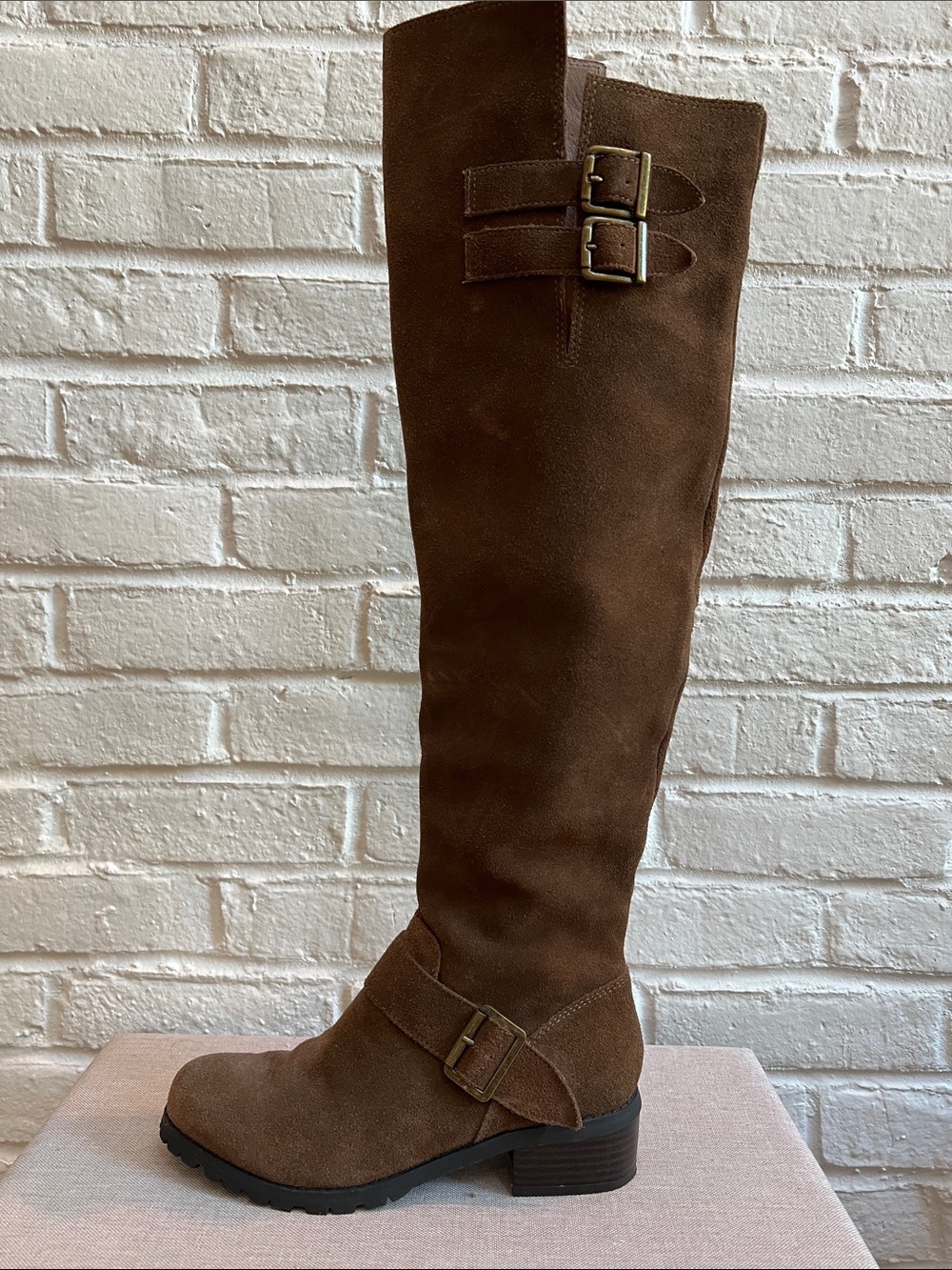 SOLE SOCIETY Brown Suede Over the Knee Lug Sole Low Heel Boots Buckles Size 6
